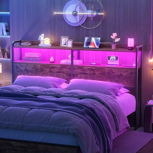 Aheaplus Headboard for Queen Size Bed Frame, Headboards with Outlets, USB Ports and LED Light, Head Board with Storage, Height Adjustable, Sturdy and Stable Headboard, Queen Size, Rustic Brown by Aheaplus - Used condition - Image 4