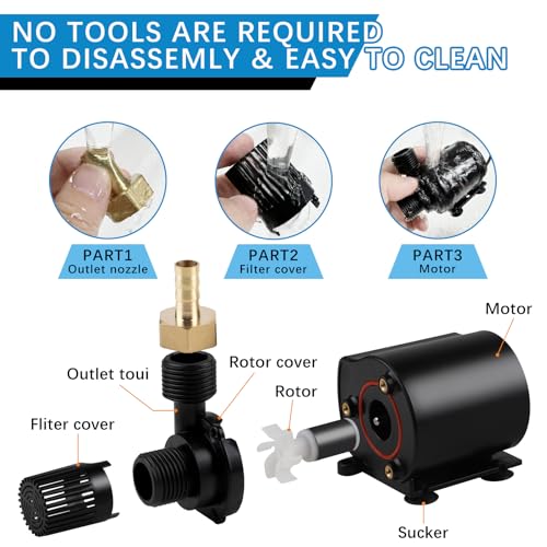EXLECO USB Aquarium Fish Tank Pump 500L/H 4W Submersible Mini Water Pump Small Fountain Filter Pump Ultra Quiet with 1.8 m Cable 2 Brass Nozzle - Image 3