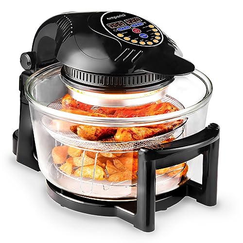 Emperial Digital Halogen Oven 12-17L Air Fryer with Hinged Lid 10 Pre-Set Modes Includes Accessories Pack Timer Adjustable Temperature Control & Extender Ring
