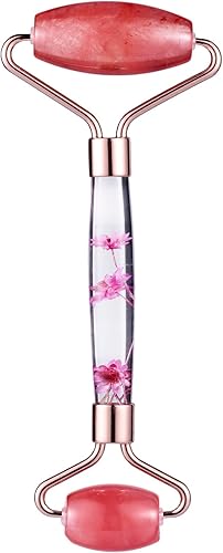 mookaitedecor Masajeador facial de doble rodillo de cuarzo cereza para mujeres, herramienta de cuidado de la piel facial de cristal para ojos,