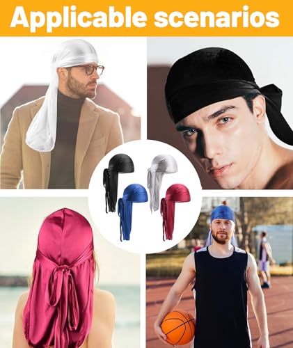Image of 4 Pcs Durag Set for Men and Women - Silky Satin Head Scarf for 360 Waves, Hair Protection, and Hiphop Style in Blue, Black, Wine Red, Silver
