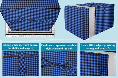 Image of The Furnishing Tree Elastic fit waterproof Polyester window ac cover suitable for Croma 1.5 Ton, Dustproof cover for inner and outer section, In CM: (62.23x66.04x43.18), Checkered Pattern Blue