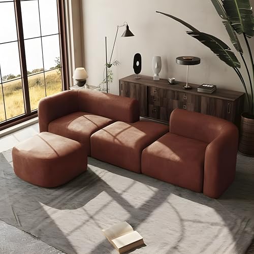 Image of Modern Classic L Shape Sectional Sofa Set, Chesterfield Style 4 Seater Sofa Set with Pillows for Living Room, Bedroom and Office, Office, and Hallway Colour (Modular 4 Seater Brown)