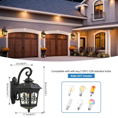 Gooseneck Outdoor Wall Lights, 14.4"H Black Vintage Industrial Exterior Lantern Light for Porch, Patio, Yard, Garden, Outside Waterproof Aluminum Wall Sconce Lamp Lighting Fixtures with Cracked Glass
