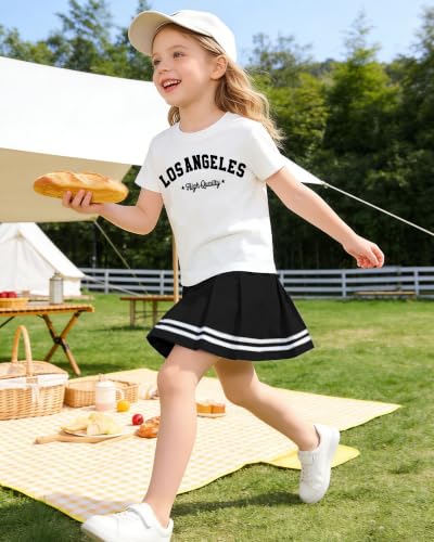 Image of Betusline Girls Skirt Set, Printed T-Shirt & Pleated Skirt, 4-14Y | Elastic waist pleated skirt with built-in shorts, anti-exposure design, pleats stay tidy after washes.
