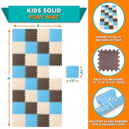 Image of ProSource Baby Play Mat, Soft Foam Floor Tiles for Kids, Interlocking EVA Panels for Playpen Use, Crawling Development Surface, Safe Non-Toxic Toddler Flooring, 32 Tiles, Blue /Brown /Beige