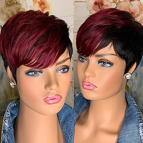 SAGA QUEEN Real Human Hair Pixie Cut Wig For Black Women Brazilian Virgin Human Hair Wigs With Side Bangs None Lace Front Full Machine Wig Short Layered Pixie Wigs For Black Woman 1B99J Colored Wig Cover