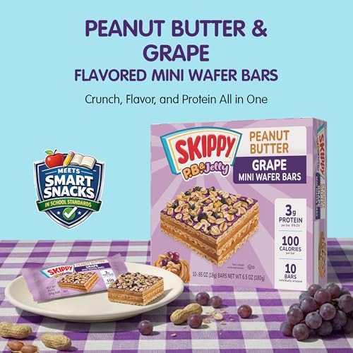 Image of SKIPPY Peanut Butter Wafer Bars Mini | Grape Jelly Flavored Coating | Peanut Butter Wafers with Real Fruit & Oats on Top | Sweet & Creamy Dessert Snacks | 0.65 oz (18g) Per Bar, 10-Pack