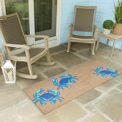 Liora Manne Frontporch Indoor Outdoor Rug - Novelty Design, Hand Hooked, Weather Resistant, UV Stabilized, Foyers, Porches, Patios & Decks, Crabs Blue, 2' x 5'