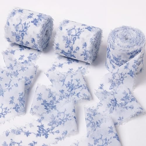 Gilprop Wedding Chiffon Ribbon 1.5 Inch x 21 Yards Blue and White Floral Print Ribbons Frayed Edges Ribbons for Wrapping Gift Crafts Wreath Bouquet Bow Making