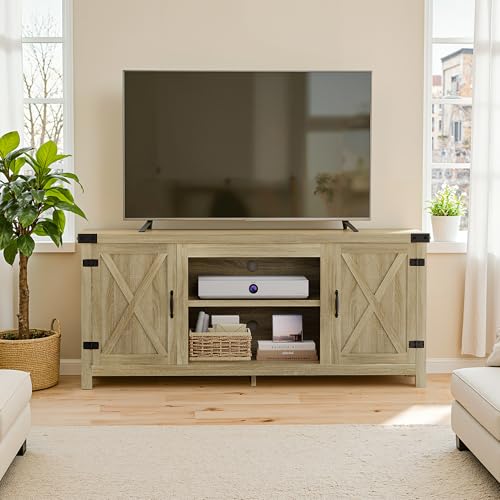 YESHOMY Modern Farmhouse TV Stand with Two Barn Doors and Storage Cabinets for Televisions up to 65+ Inch,Entertainment Center Console Table,Media Furniture for Living Room,Yellow Oak