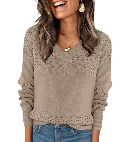 Image of Bluetime Womens Fall Fashion 2024 Sweaters V Neck Ribbed Knit Lightweight Casual Long Sleeve Crochet Pullover Sweater Tops
