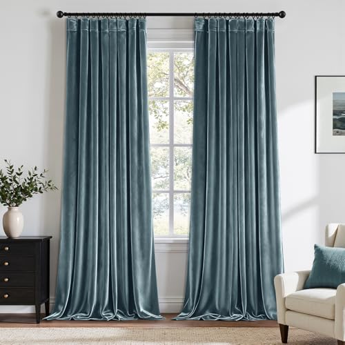Grayish Blue Velvet Curtains 84 Inches Long Blackout Thermal Insulated Soundproof Curtain Privacy Room Darkening Curtains Pinch Pleat Window Drapes for Bedroom Living Room 42 x 84 Inch Set of 2