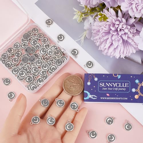 SUNNYCLUE 1 Box 100Pcs Silver Moon And Star Charms Crescent Moon Charm Bulk Tibetan Style Alloy Plated Beads Metal Round Charm for Jewellery Making Charms Supplies DIY Necklace Bracelet Earrings Adult - Image 3