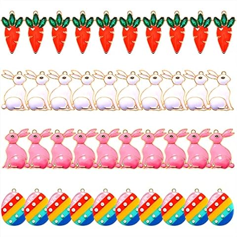 40PCS Easter Charms Enamel Bunny Carrot Egg Pendant Charms for Jewelry Making Cute Meatl Animal Rabbit Charms for Necklace Bracelet Earring Making DIY Crafts, Metal, Rhinestone Cover