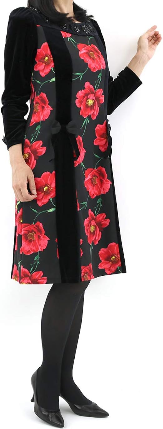 Amazon Co Jp スーパービューティー ワンピース レディース 秋長袖 花柄 リボン ベロア グログランテープ 背中ファスナー ゴージャス 高級感m L ミセス 高級感 ドレッシー動画配信アイテム Super Beauty 服 ファッション小物