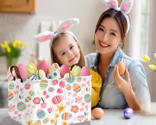Image of Large Rectangular Easter Baskets Empty Waterproof Boy Toy Box Foldable Kid's Gifts Storage Bin Spring Room Decor(Tulip Flower Egg)
