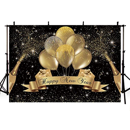 MEHOFOND 7 x 5 pies,telón de fondo de feliz año nuevo y negro,fiesta de carnaval,telón de fondo,pancarta de champán,globos de regalo,estrellas de Año Nuevo,póster de estudio fotográfico Cover