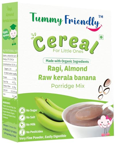 Image of TummyFriendly Foods Certified Organic Sprouted Ragi, Almonds, Raw Kerala Banana Porridge Mix | Made of Sprouted Ragi Powder, Almond Cereal Organic Baby Food for 8 Month. Sprouted for Calcium, Iron | Maximum Nutrition From Real Food | Available in Trial Baby Packs too | Shelf-life 9 month | 200g (RagiKeralaBanana200g)