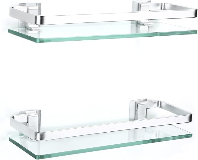 ENCOFT 2 Pack Glass Shelf Bathroom with Aluminium Rail Wall Mounted Bathroom Shelves Glass Rectangular 8MM Thickness Tempered Glass Storage Shelf Polished Rustproof Glass Shelf for Bathroom(2, Silver)
