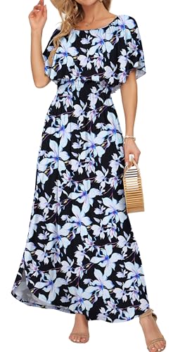 Image of AUSELILY Womens Off Shoulder Ruffle Split Summer Maxi Dresses with Pockets | Off-shoulder Ruffle dress with empire waist & side split for summer beach and casual parties