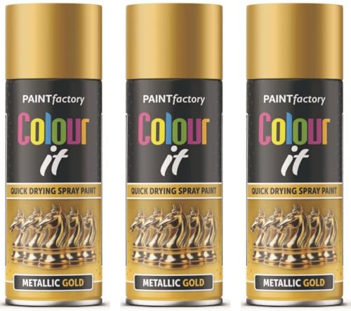 Life Necessities Gold Metallic Spray Paint 3 x 400ml Aerosol Spray Metal Wood Plastic & Automotive Interior & Exterior Paint