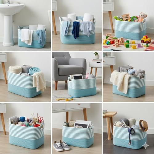 Image of Large Storage Basket, Woven Blanket Basket, Toy Basket with Handle, Laundry Hamper for Living Room, Nursery, Bedroom- 20x15x12 (LXWXH) (sky blue mix)
