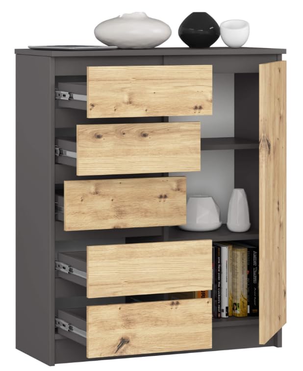 BDW - Cajonera con 5 cajones y 1 Puerta - 80 cm de Ancho, 97 cm de Alto - Armario, aparador, Multiusos, Zapatero, cajonera con cajones, archivador - salón, Dormitorio, Pasillo (Gris/Roble Artisan)
