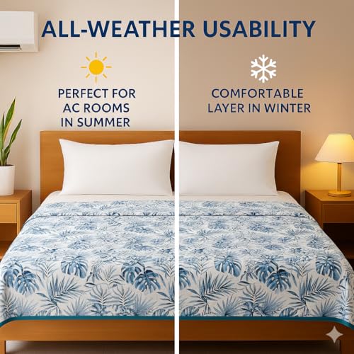 Image of Danip 100% Cotton Reversible AC Dohar Blanket, Throw - Printed Soft, Skin-Friendly, Lightweight & Ideal for All-Weather - 3 Layered Double Bed Dohar for AC Rooms (86 x 94 Inches) - White & Blue Leaf