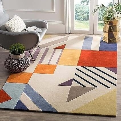 Geometric Handmade Tufted Blend Wool Rug Multi Colour Wool Rug