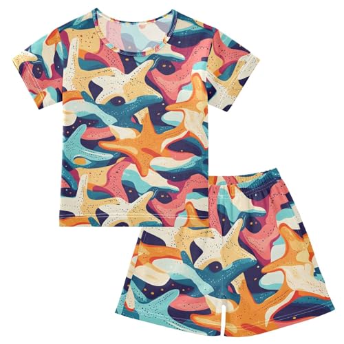 ALAZA Colorful Cartoon Starfish Pajamas Set Short Sleeve Cotton Sleepwear Summer Pjs 2 Piece 5-14Y