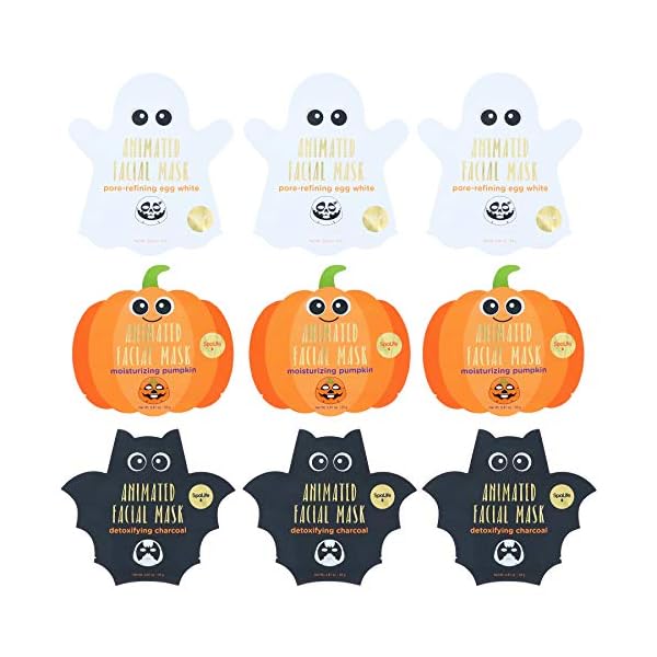 Spa-Life-Animated-Halloween-Sheet-Mask-Pumpkin-Ghost-Bat-Bundle SpaLife Facial Mask Sheet Bundle - Pumpkin, Ghost, Bat - Halloween Character Mask Bundle - Face Masks for Skin Care - Moisturizing Sheet Face Masks - Skincare Pack for Women - Spa Beauty Masks