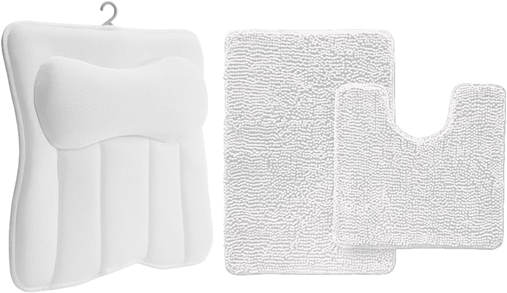 GORILLA GRIP Almohada de baño de malla para bañera y juegos de alfombras de baño, tamaño de almohada 16,5 x 16,1, soporte para la espalda, tamaño de alfombrilla 30 x 30, alfombrillas lavables de microfibra absorbentes que se secan rápidamente, ambos colores blanco, paquete de 2 artículos