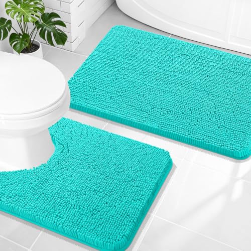 Image of OLANLY Bathroom Rugs Sets 2 Piece, Soft Absorbent Chenille Bath Mats and U-Shaped Contour Toilet Mat Area Rug Set, Machine Washable Bath Carpet, Home Decor Accessories(30 inchx20 inch+24 inchx20 inch, Teal)