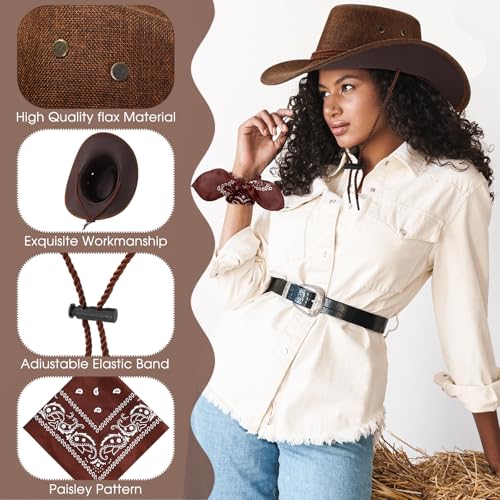 Image of Zhanmai 12 Pcs Cowboy Hat and Bandana Cowboy Cowgirl Hats Bulk Western Party Costume Halloween Accessory