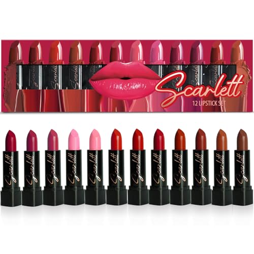 Set de lápices labiales Scarlett - 12 lápices labiales de tamaño completo enriquecidos con vitamina E y cera de abejas, altamente pigmentados, tonos de moda, fórmula nutritiva, aplicación suave