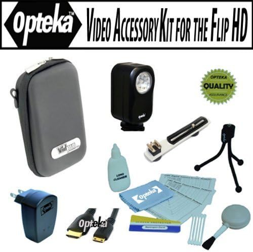 Opteka Professional Video Accessory kit for the Flip Ultra U1120, UltraHD U260, U2120, U32120, MinoHD F460, M2120, M3160, M31120, SlideHD S1240 includes Opteka VL-20 Ultra Bright LED Video light, Flash bracket, Vidpro EVA-20BK hard case, HDMI cable, USB AC Charger and more