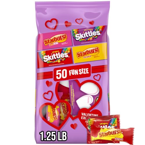 SKITTLES &amp; STARBURST Fun Size Individually Wrapped Nut Free Valentine's Day Candy Valentine Exchange, 50 Ct Bulk Bag