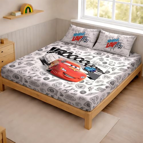 Image of Sassoon Disney Cars Lap Digital Printed 100% Cotton Bedsheet with 2 Pillow Covers in 300TC