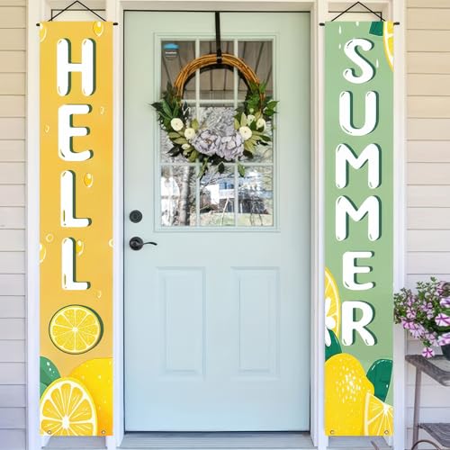 Image of BlissYard 2pcs Hello Summer Door Banner Lemon Porch Banner Sign Sweet Summer Sunshine Front Door Hanging Decor Banners for Seasonal Home Hawaii Tropical Party Outdoor Decorations