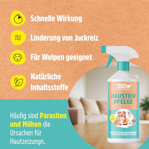 Green Hero Mittel gegen Juckreiz bei Milben 500 ml für Hunde & Katzen | Haustierpflege Spray unterstützt den Regenerationsprozess bei Grasmilben Milben Räude Reizungen Läusen Anti Juckreiz