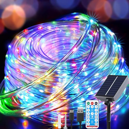 Fonysien 20M 200LEDs Solares Guirnalda Luces Tubo Exteriores Impermeable Luces Solares con Control Remoto, 8 Modos Led Cadena de Luces para Navideña Piscina Fiestas Jardines Bodas