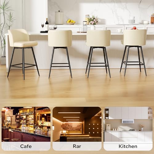 Image of Swivel Bar Stools Set of 4, 26 inch Counter Height Bar Stools with High Back and Metal Legs, Faux Leather Bar Chairs, Modern Barstools for Kitchen Island, Beige