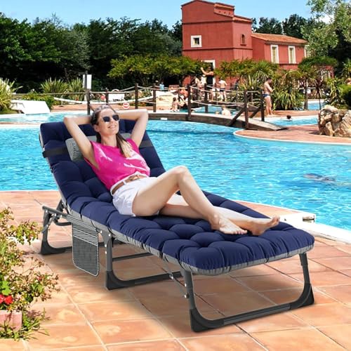 Obqer Folding Lounger, 200KG Belastbarkeit Klappbett Gästebett mit Matratze, Seitentaschen und Kopfstütze, verstellbare Rückenlehne, einfach zu montieren, geeignet für Garten, Sonnenbaden, Büro