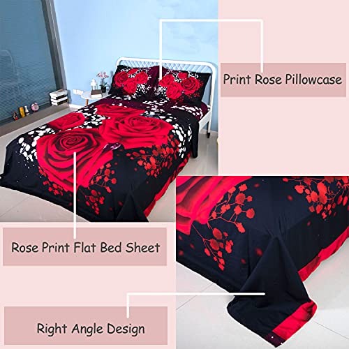 Esydream 4 Pieces Rose Bed Sheet Sets 3D Red Rose Floral Bedsheet For King Size Bed Extra Soft Deep Pockets Easy Fit Includes 1 Flat Sheet,1 Fitted Sheet,2 Shams,Rose Mattress Fitted Bed Sheet King #TOP4