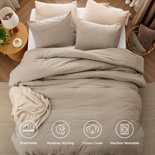 Image of Bedsure Comforter Set Full Size - Cotton Fabric with Microfiber Inner Fill, Taupe PureWoven Soft Bed Set for All Seasons, 3 Pieces, 1 Comforter 1 Comforter (82 inch x 86 inch) and 2 Pillow Cases (20 inch x 26 inch)