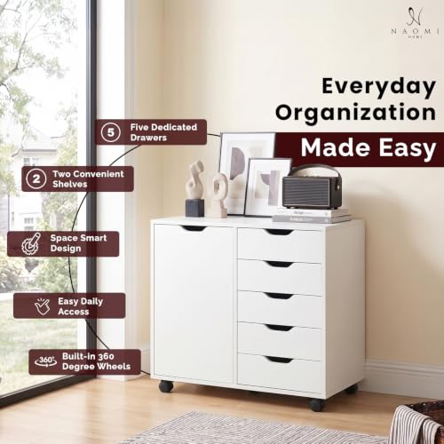 Image of Naomi Home Amy 5-Drawer Rolling Drawer Dresser with Cabinet - White | Five easy-access drawers, two shelves, smooth-rolling casters and a wide top in a space-saving storage cabinet.