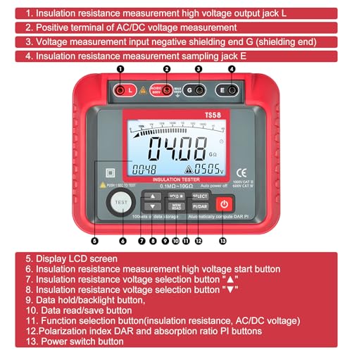 Image of Megohmmeter, 1000V /2500V /5000V Digital Insulation Resistance Tester with AC /DC Voltage 10-600V, 100 Data Storage, DAR /PI, LCD Backlight, Low Battery Indicator for Electrical Equipment Testing