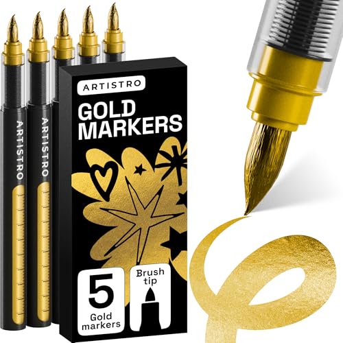 Image of ARTISTRO 5 Gold Paint Pen for Rock, Glass, Ceramic, Wood, Tire, Fabric, Metal, Canvas, Marking, Painting - Set of 5 Acrylic Paint Markers Water-based - Brush Tip with Automatic Ink Control System