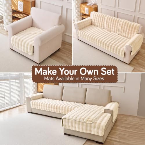 Image of HOKIPO 'FurHug' Premium Faux Rabbit Fur Sofa Cover Mats for L Shape and 1 /2 /3 Seater Sofa. Make Your Own Sofa Cover Set, Mat Length 90(D) X 150(L) Cm, Beige (NEW-AR-5014-Crm)